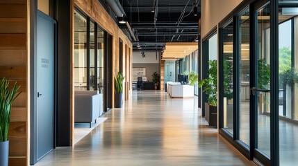 Modern Office Hallway with Glass Walls and Wood Accents