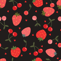 Mix with cherries and strawberries and hearts, seamless pattern. Fruits on black background.