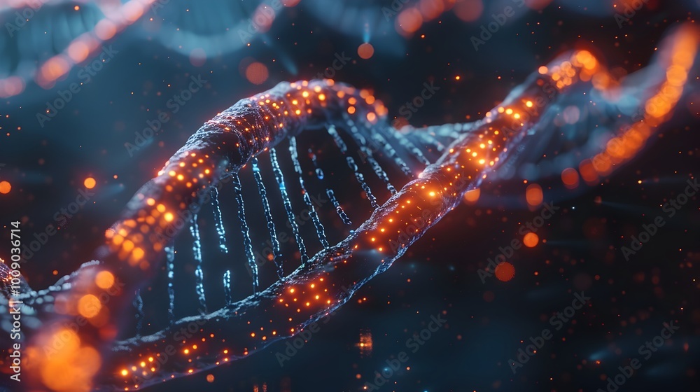 Poster visualizing dna based data storage and retrieval in a futuristic digital landscape
