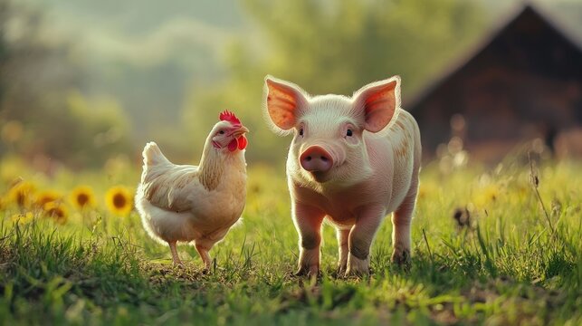 A piglet standing next to a chicken on a traditional farm, both animals calmly coexisting in a peaceful rural setting.