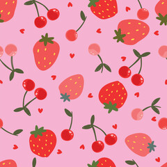Seamless pattern with strawberry, cherry an small red hearts on pink background. Vector illustration