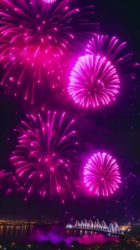 Brilliant Fireworks Exploding Over a Coastal Cityscape - Slow Motion - Made with Generative AI