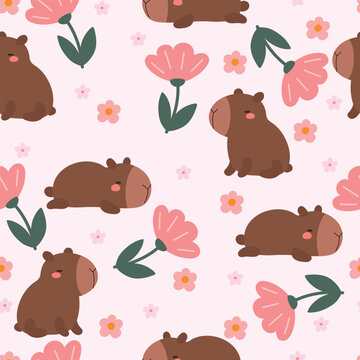 Funny capybara with flowers and hearts .