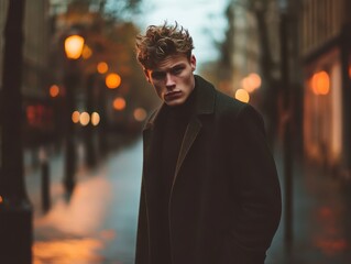 Fototapeta premium A brooding young man stands on a rainy street, illuminated by warm streetlights, creating a moody atmosphere.