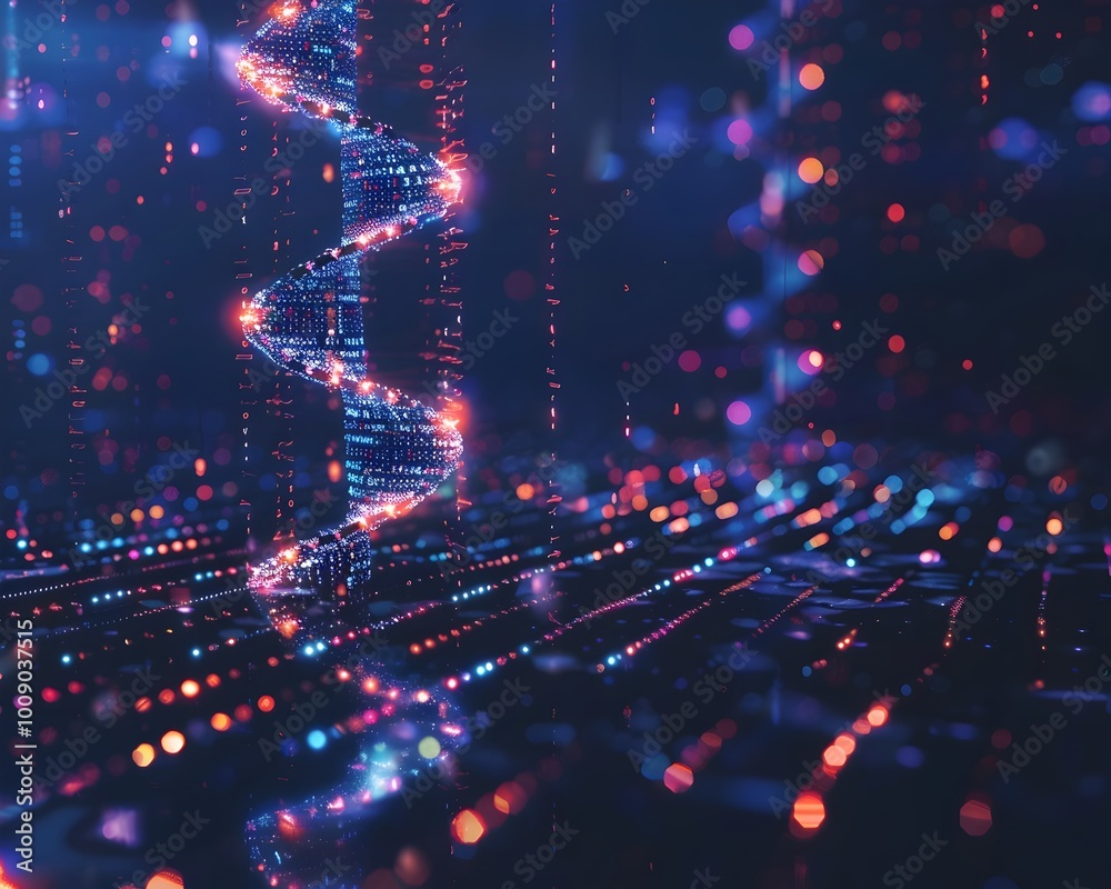 Poster glowing digital double helix floating in encrypted data grid concept