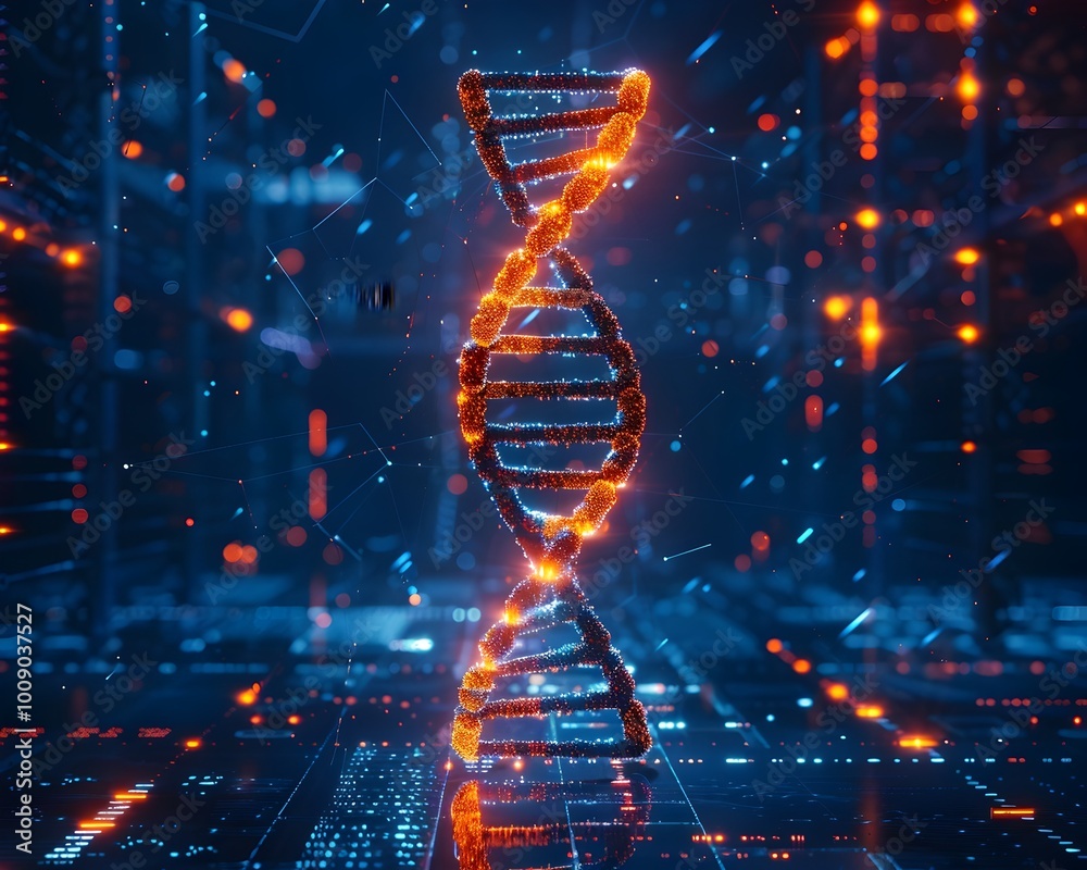 Poster glowing dna double helix in digital grid representing encrypted data storage
