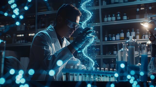 Researcher Encoding Digital Photos into DNA Sequencer in High Tech Lab for Data Storage