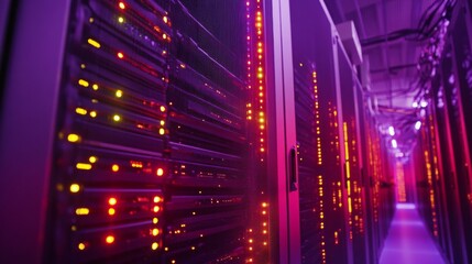 Data center with rows of glowing servers and fiber optic cables