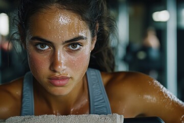 A resolute female athlete exudes determination as she trains in a high-energy gym setting, perfectly capturing the essence of strength and focus in this vivid portrait.