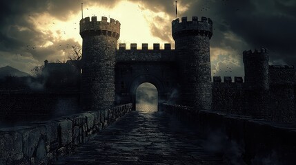 A haunting medieval castle under a dramatic stormy sky, with stone walls and a large archway inviting exploration.