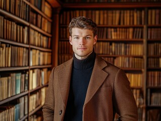 A stylish young man poses confidently in a library surrounded by shelves of books, showcasing a blend of classic fashion and intellectual ambiance.