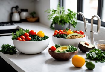 colorful plant based bowls arranged minimalist settings showcase vibrant ingredients emphasizing...