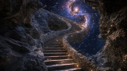 A seemingly endless stone staircase spirals into the cosmos, with galaxies spinning around it in the dark night sky.