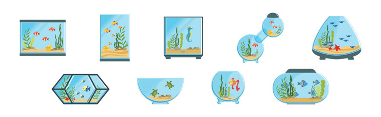 Fish Bowl and Aquarium with Sand Bottom and Water Vector Set