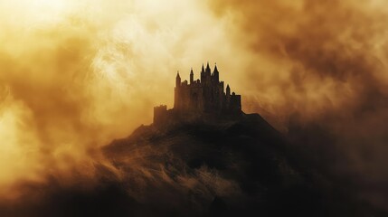 Obraz premium A mysterious castle shrouded in fog, set against a dramatic golden sky, evoking a sense of fantasy and adventure.
