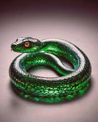 Obraz premium A green snake with a gold eye is curled up on a table