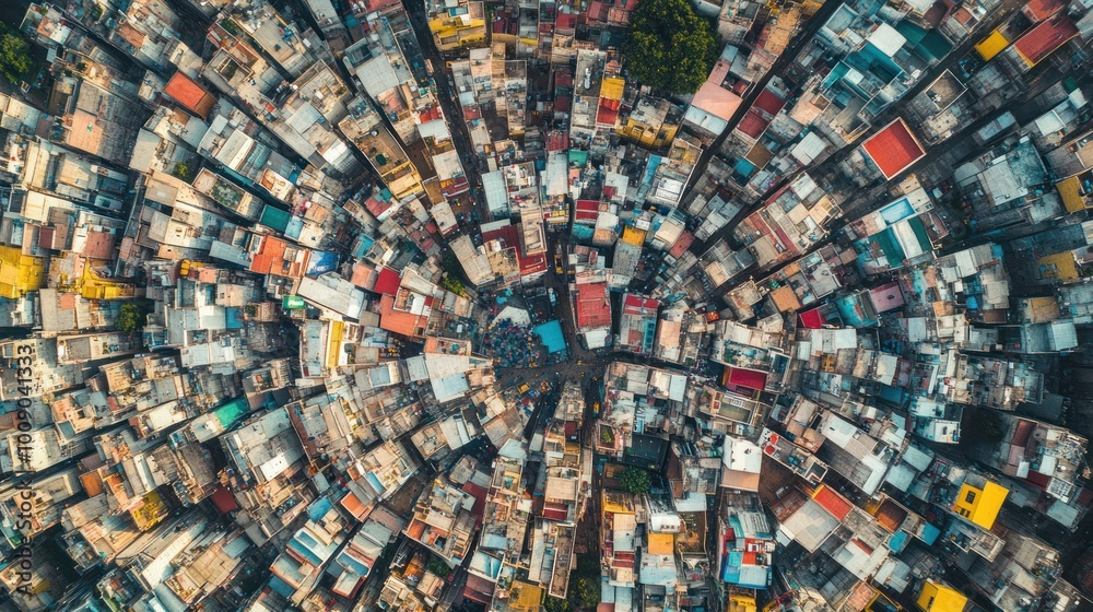 Poster aerial view of densely populated city block with colorful roofs