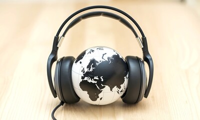 A black and white globe with a map of the world inside a pair of headphones