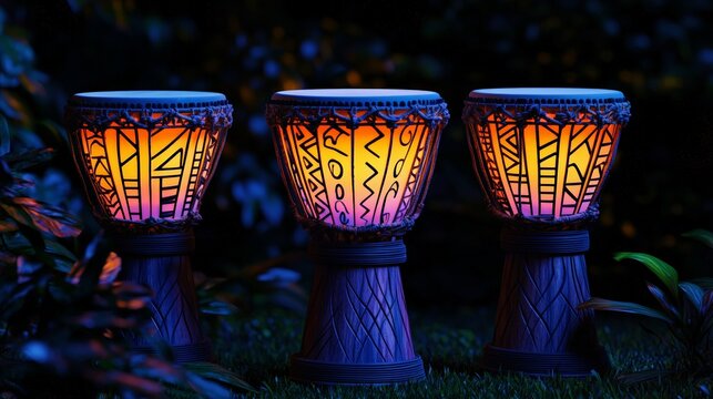 Wooden drum set with tribal patterns
