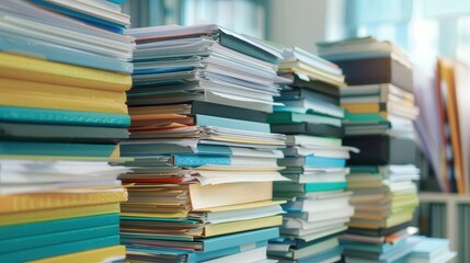 Debt Collection Agency Office, filled with organized stacks of files, focused on managing business debt, emphasizing financial recovery and strategic collections.