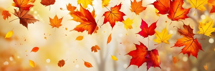 Obraz premium A burst of orange and red autumn leaves illuminated by bright light, creating a warm, dreamy bokeh effect. 