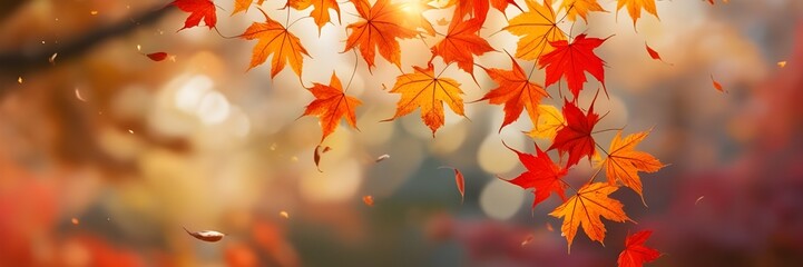 A burst of orange and red autumn leaves illuminated by bright light, creating a warm, dreamy bokeh effect.
