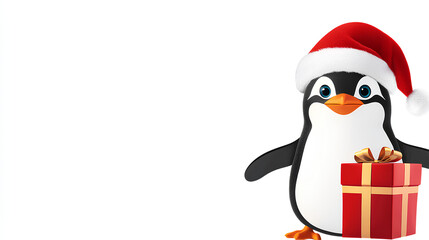 Penguin wearing a Santa hat is holding a red box