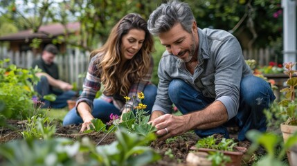 Fototapeta premium Couple happily gardening in lush backyard setting. Home gardening lifestyle and healthy outdoor activities.
