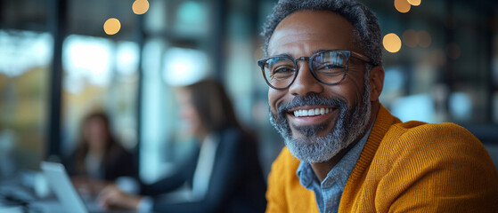 A group of happy business people having a meeting in a conference room, with an office background featuring large windows and a view of the city.