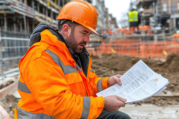 Man in hard hat reviews insurance on site