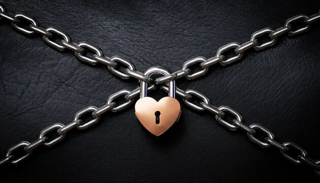 Heart-shaped gold padlock with chains on black leather texture background, love, bondage, and restriction, elegant sexy BDSM kink theme, conveying mystery, passion, chastity, intimacy in fetish theme