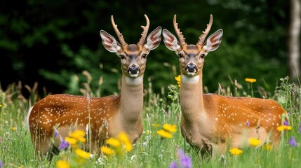 A red deer buck and doe standing side by side in a grassy field, surrounded by wildflowers, with a serene forest backdrop.