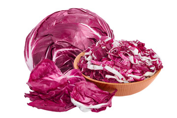 Fototapeta premium Fresh red radicchio salad in wooden bowl isolated on white background with full depth of field