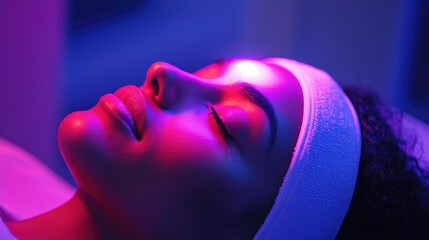 Naklejka premium A serene moment showcasing a woman enjoying a beauty treatment under soft, colorful lighting, promoting relaxation and self-care.