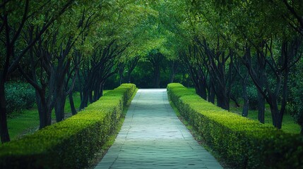 Obraz premium A serene pathway lined with lush greenery, inviting tranquility and peaceful walks in nature.