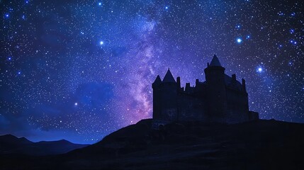 Obraz premium A serene silhouette of a castle under a starry night sky, showcasing the beauty of the universe and timeless architecture.