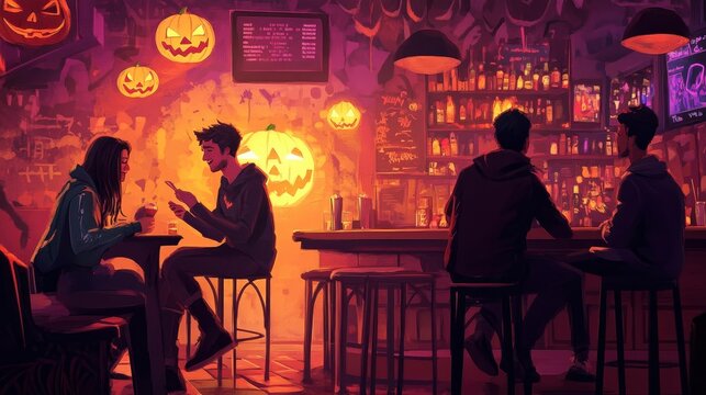 Friends participating in a Halloween-themed trivia competition at a local bar, filled with excitement.