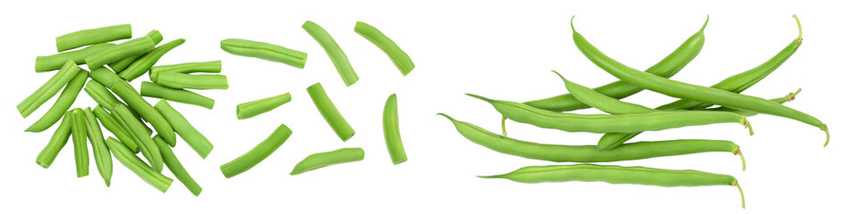 Green beans isolated on a white background , Top view with copy space for your text. Flat lay