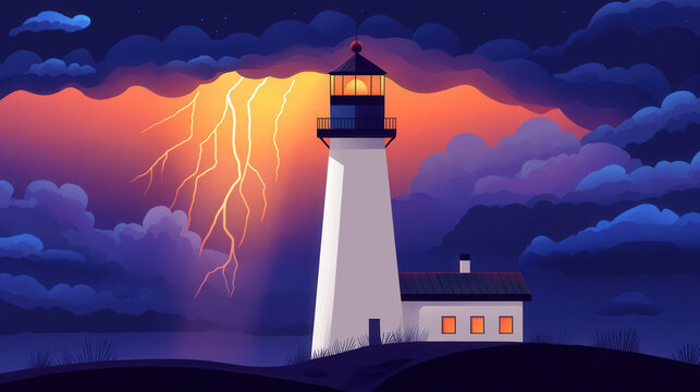 Stormy Lighthouse, a striking flat design illustration showcasing a lighthouse standing resilient against a dramatic sky filled with dark thunderclouds and flashes of lightning.