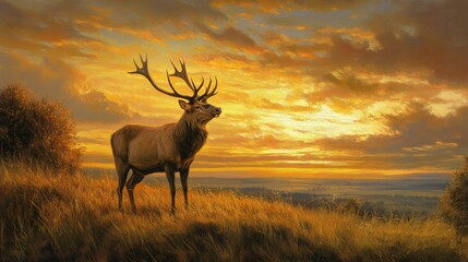 A red deer buck standing proudly on a grassy hill, its massive antlers stretching high as it surveys the landscape beneath a golden sunset.