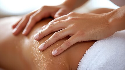 Naklejka premium A soothing massage session highlighting relaxation and wellness with gentle hands applying oil to a back covered in a towel.
