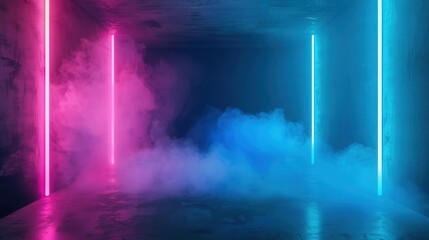 Neon Dreams, an empty dark room illuminated by vibrant blue and pink smoke, creating an immersive and moody atmosphere with a surreal and modern aesthetic