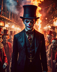 A man in a black suit and top hat stands in front of a group of clowns