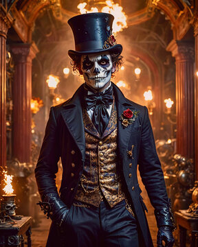 A man in a black costume with a skull painted on his face and a black top hat