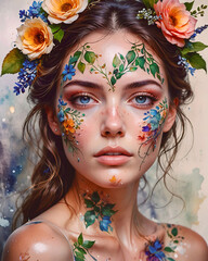 Obraz premium A woman with a flowery face paint and a flower crown
