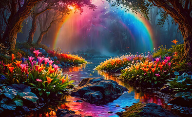 Fototapeta premium A colorful rainbow is over a forest with a river running through it