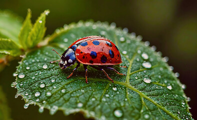 Fototapeta premium A ladybug is sitting on a leaf