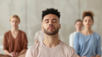 Fototapeta premium Mindful Breathing for Mental Wellness, individuals engaging in deep breathing exercises to promote relaxation and stress relief on World Mental Health Day
