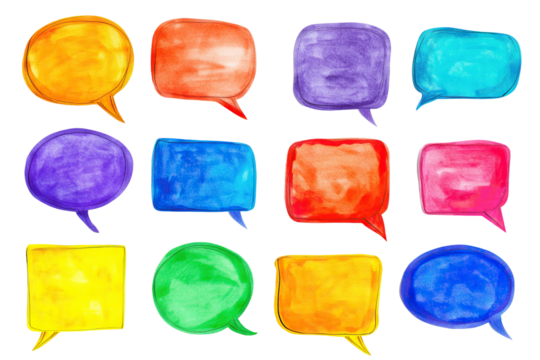 Set of colorful speech bubbles in various shapes, isolated on transparent cutout background
