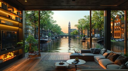 Fototapeta premium Create a modern apartment with panoramic windows overlooking the picturesque canals and historic architecture of Amsterdam, capturing the citys charm